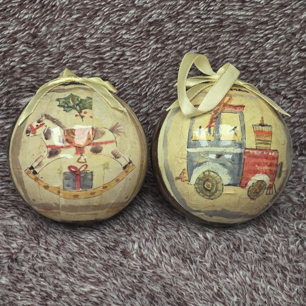 Vintage Paper Mache Christmas Ornaments Hand Painted Folk Art Rustic 3" Set Of 2